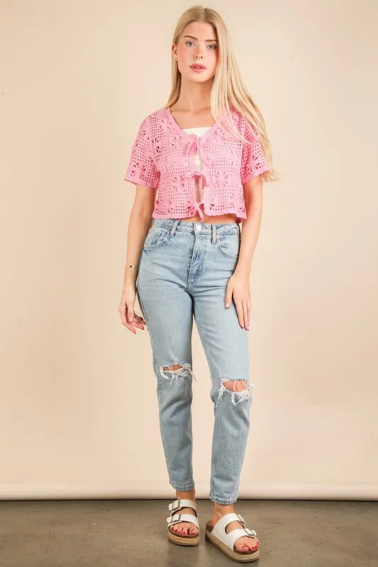 VERY J Front Tie Crochet Crop Top Pink 8ccabbddf04c48cfacba9669156224a3-Max-Origin