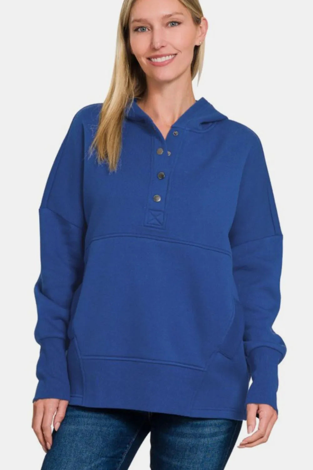 Zenana Half Snap Long Sleeve Hoodie with Kangaroo Pocket 8cd37e4f-8f0e-4326-a897-1cba55b3d919-Max