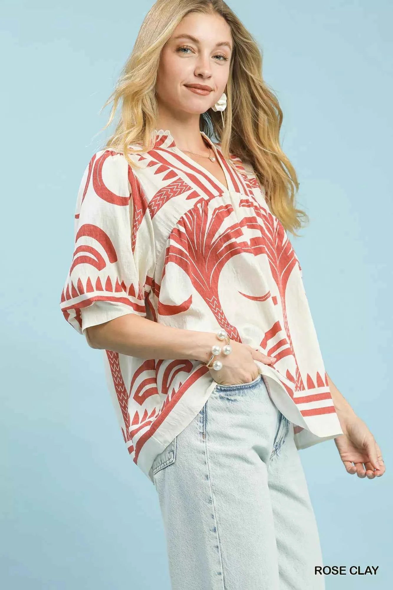 Umgee Folk Art Palm Print Puff Sleeve Blouse 8cde4585-aad8-47ce-8d97-45f0d478db05-Max-Origin