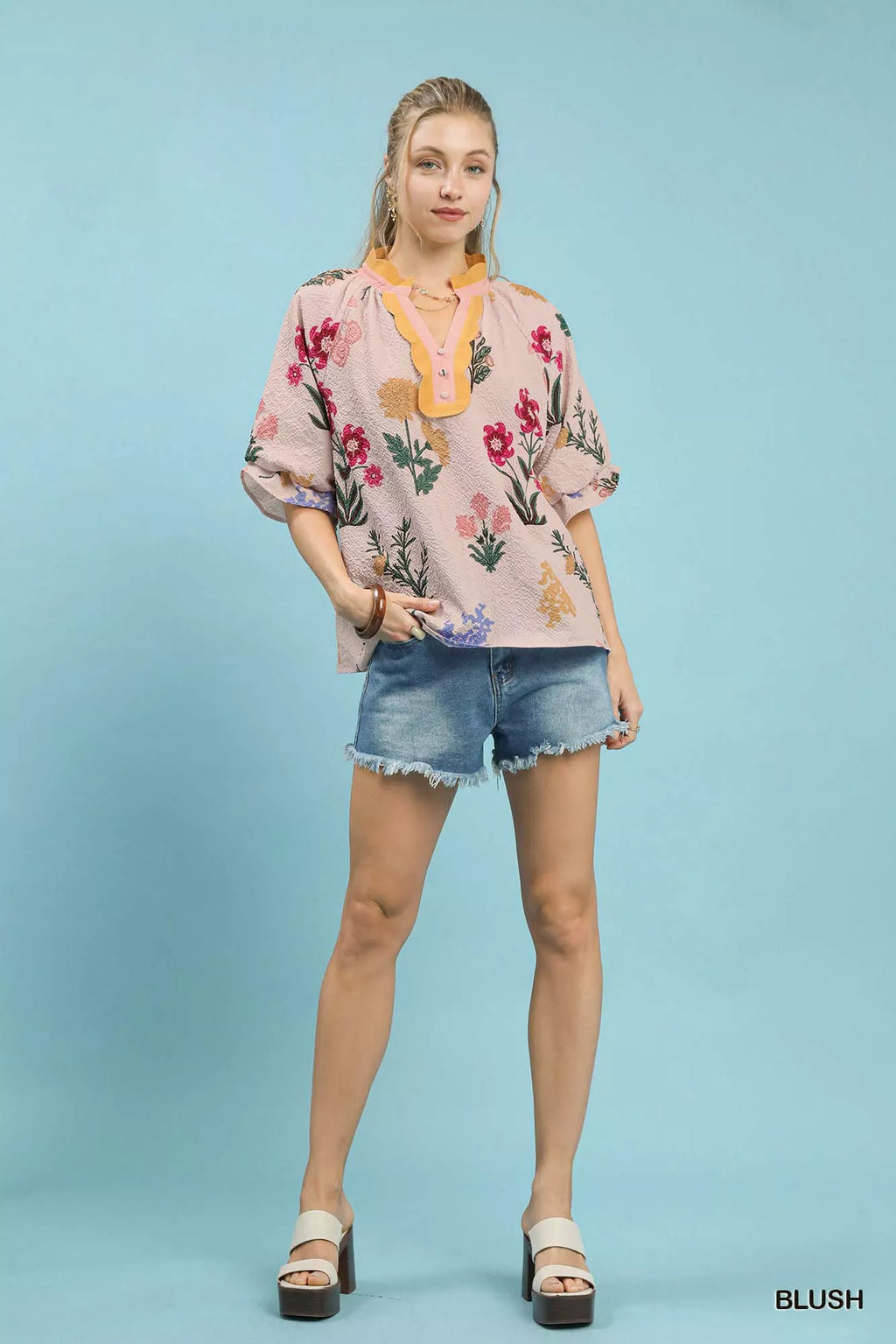 Umgee Floral Puff Sleeve Blouse with Scallop Trim Collar 8cec3dc6-9eaa-4196-88ea-28c9b886aef2-Max-Origin