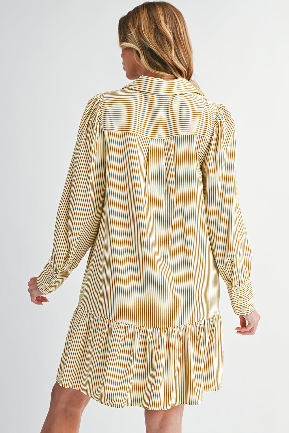 Brown Striped Shirt Collar Ruffle Hem Long Sleeve Dress 8cf6104fe690a8c0
