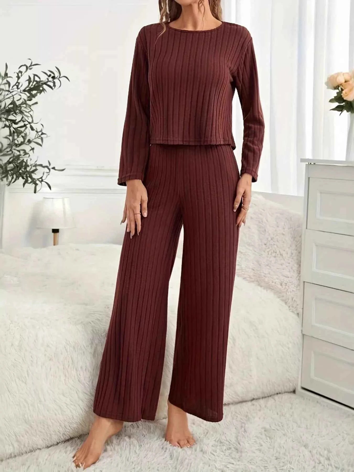Ribbed Round Neck Long Sleeve Top and Pants Lounge Set 8d0125505db54c3e9a53d3458c665b7c-Max-Origin