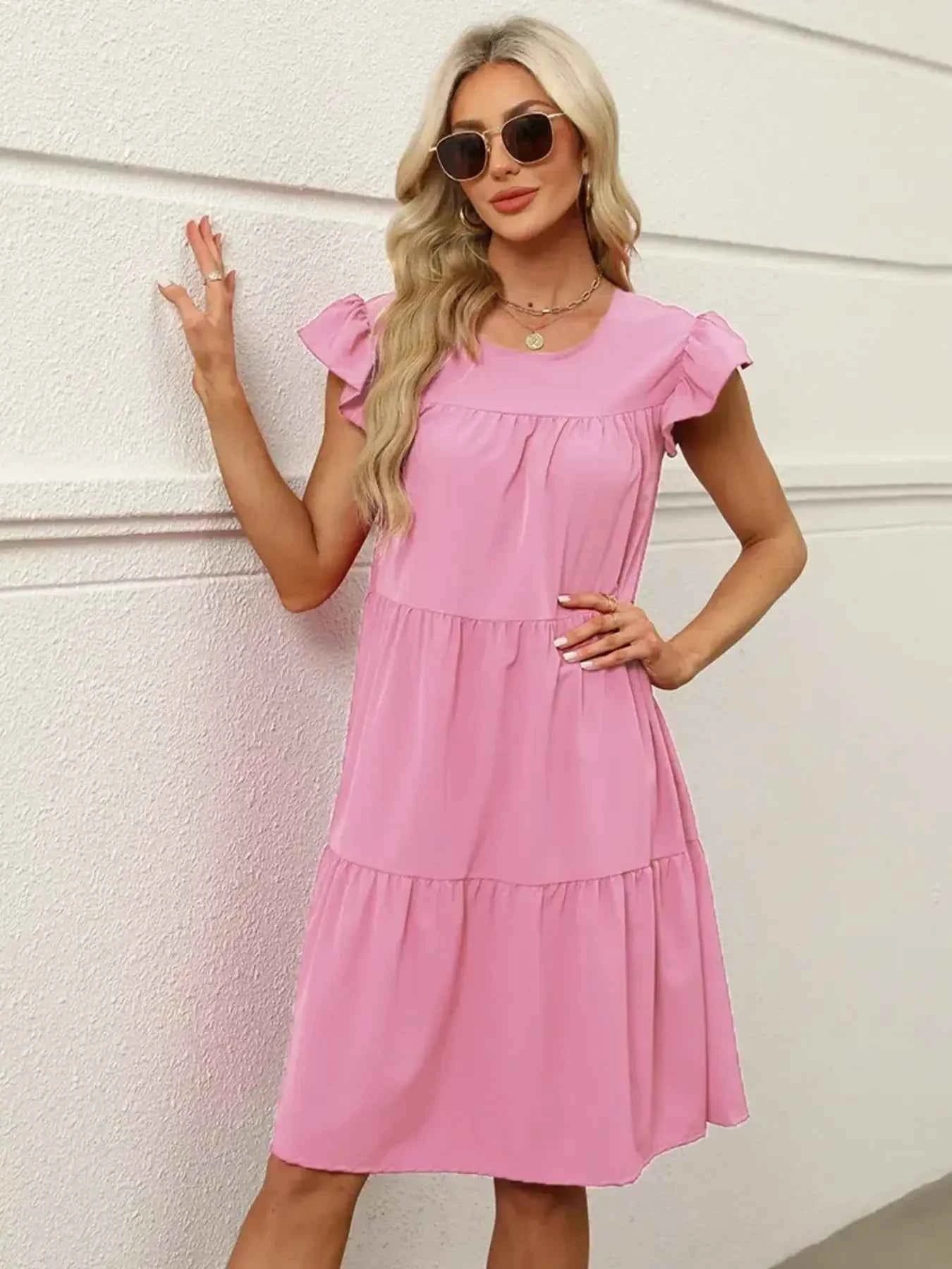 Tiered Ruffle Sleeve Mini Dress Pink 8d075fe081dc43098b187c6ca3c59a13-Max-Origin