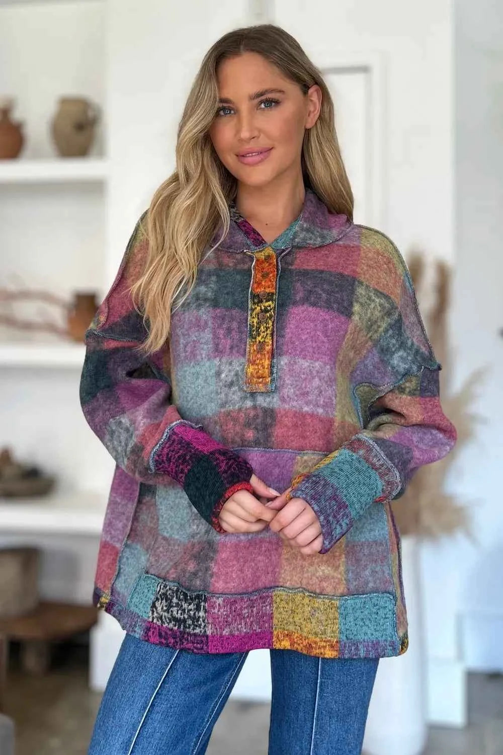 Double Take Full Size Plaid Dropped Shoulder Fleece Hoodie 8d08653b-8420-49dd-800a-2cf15e8fff02-Max