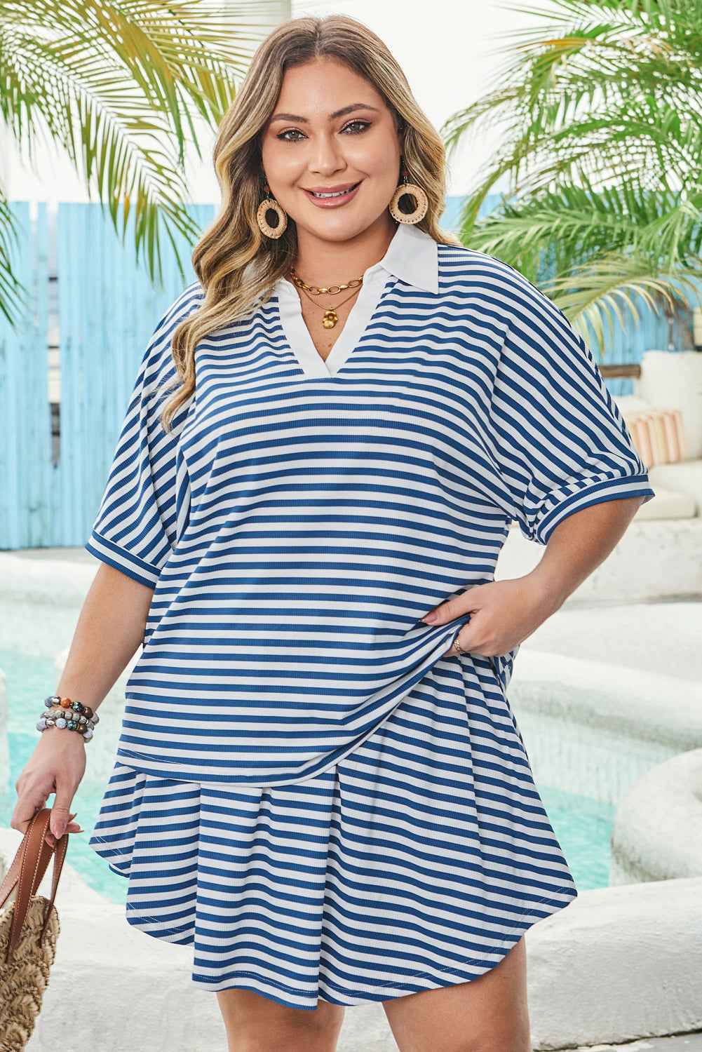 Blue Striped Collared Top Plus Size Flowy Skort Set 8d1857017be7788b
