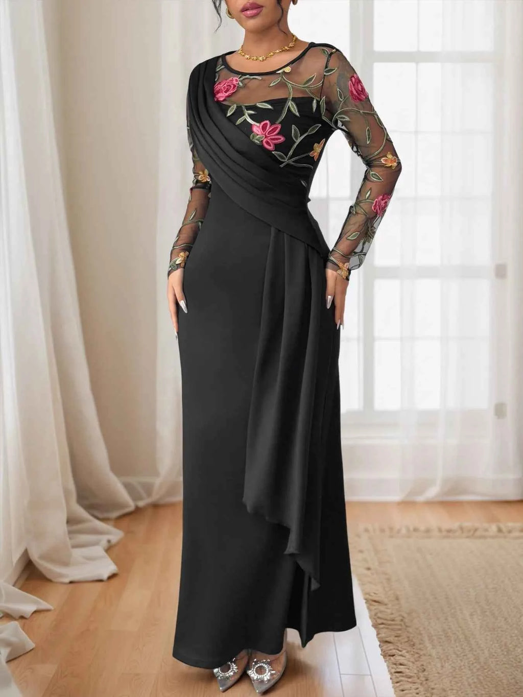 Floral Mesh Sleeve Ruched Maxi Dress 8d1d177a-e64d-4645-84af-b0cbfd7ecd1d-Max-Origin