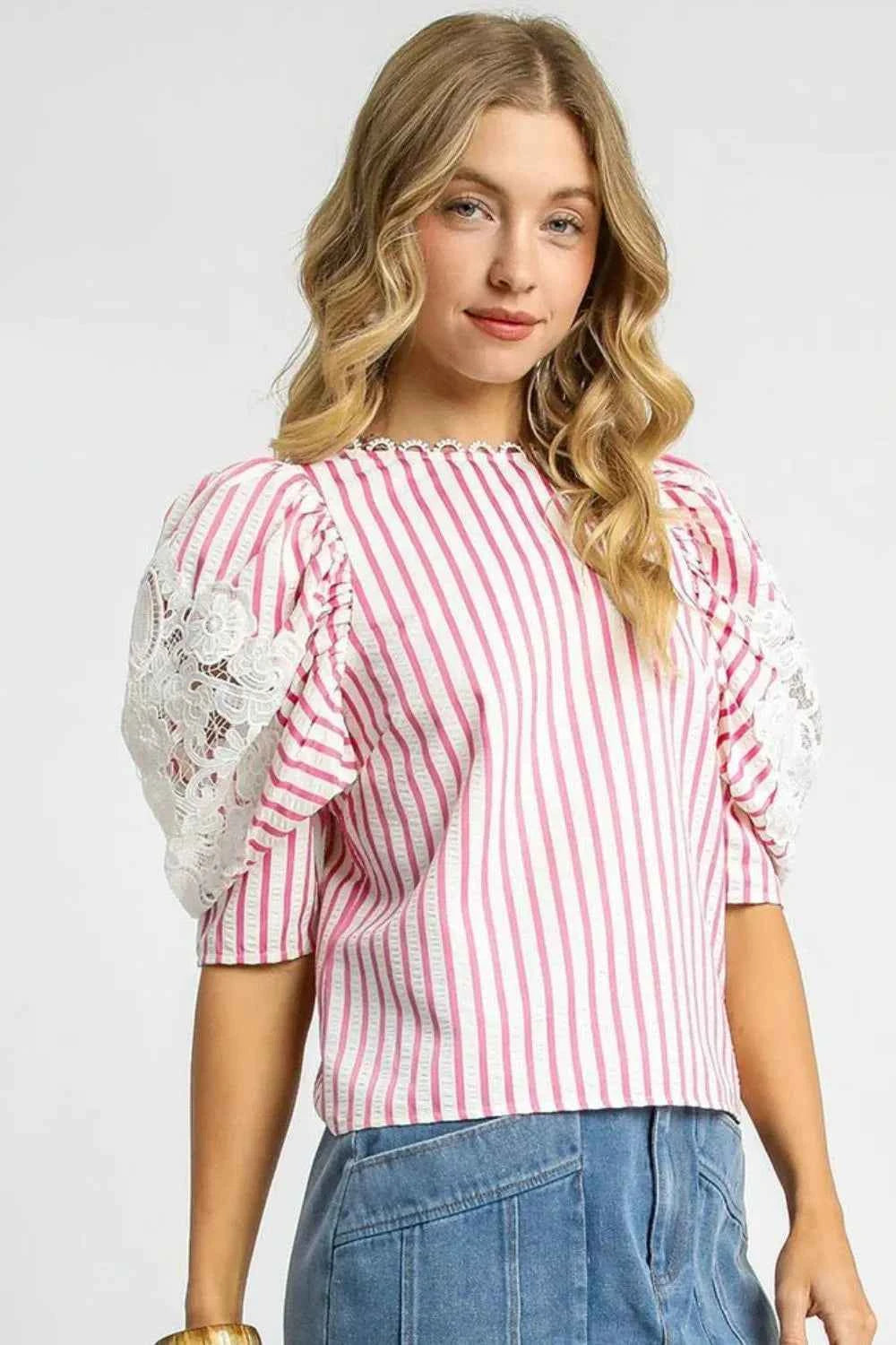 Umgee Striped Lace Puff Sleeve Blouse Pink 8d3a5cb6-00d2-4130-b496-5d35b408028d-Max-Origin