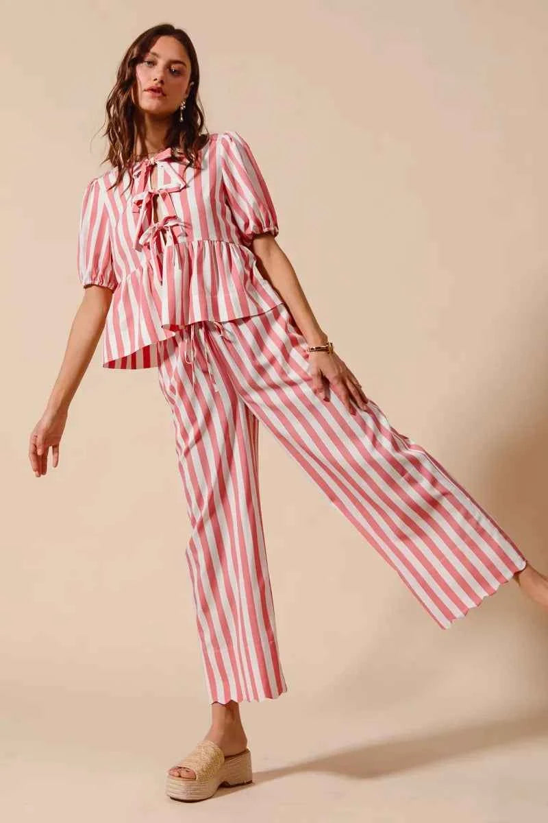 SO ME Front Tie Stripe Top With Puff Sleeves and Wide Leg Pants Set 8d56099f93a247bab510a68b03aaa6a5-Max-Origin