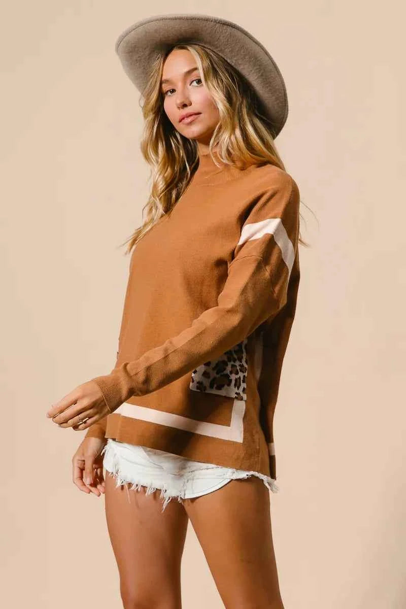 BiBi Mock Neck Sweater with Leopard Pocket 8d596ab14cec43caadaf9b4b54191041-Max-Origin