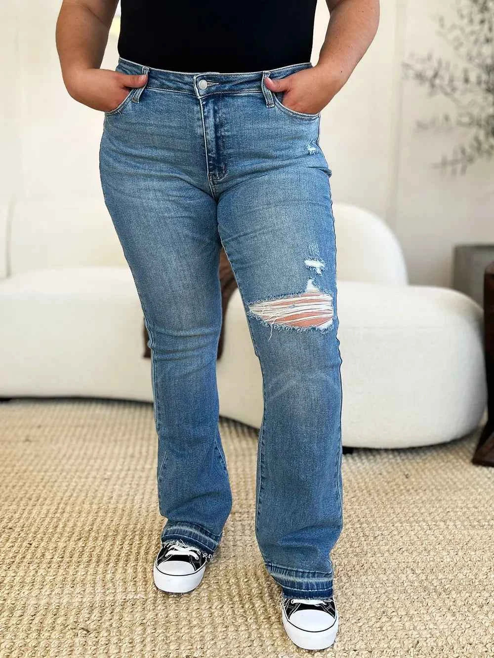 Judy Blue Full Size Mid Rise Destroyed Hem Distressed Jeans 8d671183-01d8-4361-b7bb-5df31d49d089-Max