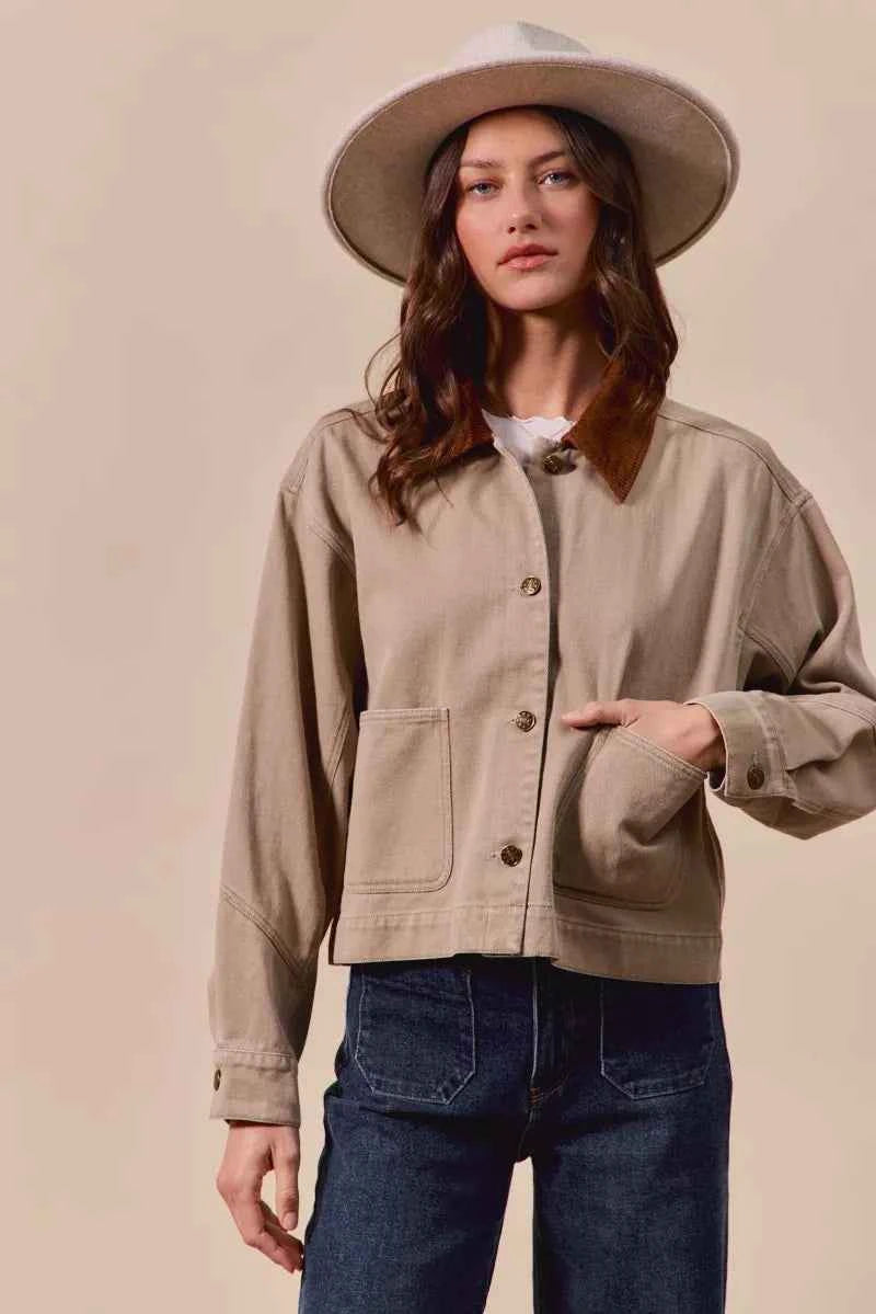 SO ME Cotton Twill Cropped Barn Jacket wtih Collar 8d771350397245809719206907344566-Max-Origin