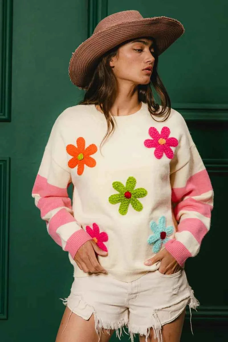 BiBi Colorful Floral Patched Sweater with Striped Sleeve 8d7b8cb3f24d45809f6339fce0f4da44-Max-Origin