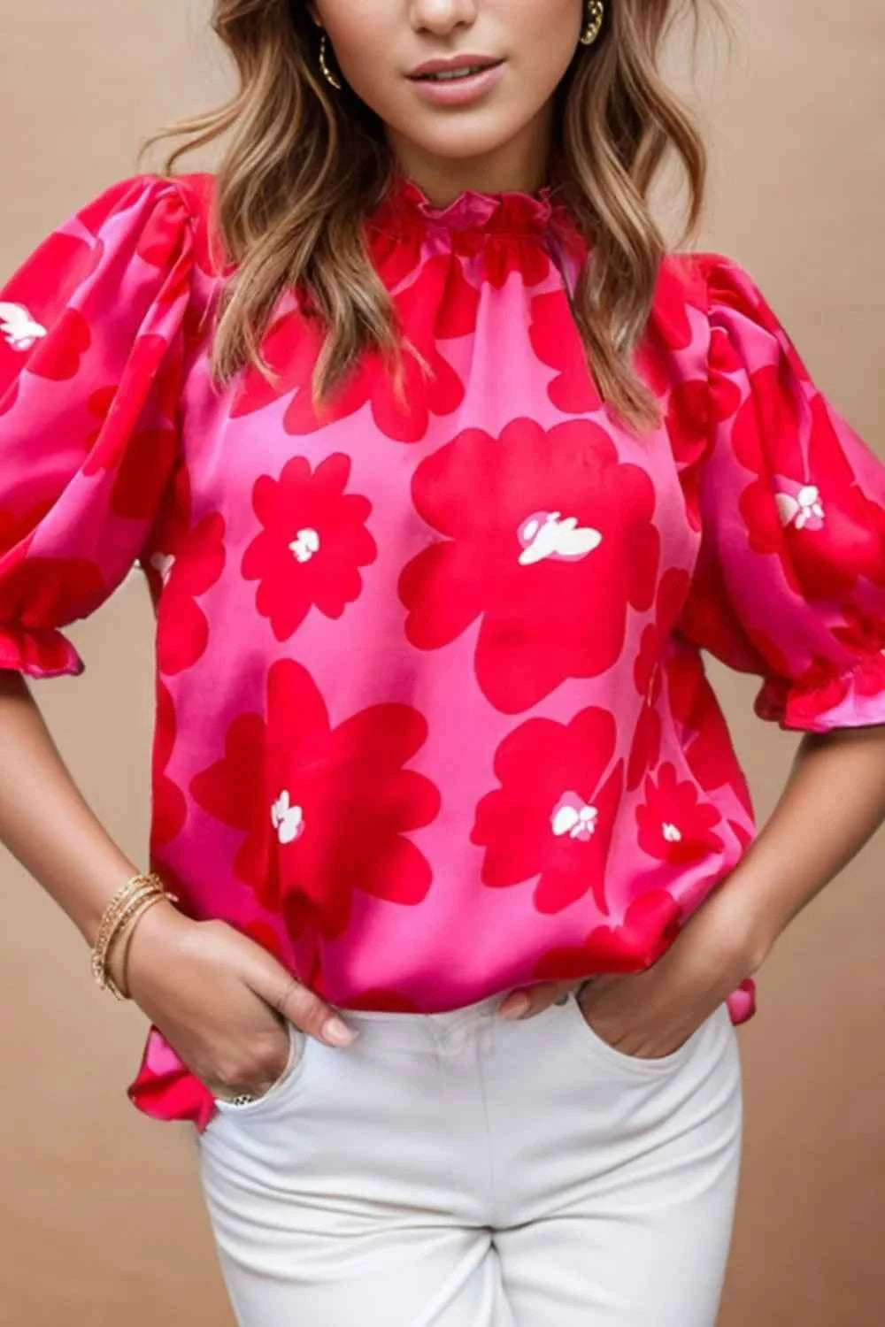 Ruffled Printed Mock Neck Short Sleeve Blouse 8d8861b3-1663-4643-a8b1-e4f0c1a760ac-Max