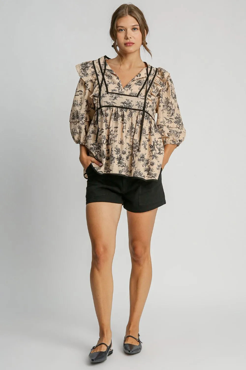 Umgee Ruffled Tie Neck Puff Sleeve Babydoll Blouse 8d970c17-7a81-44c0-96ca-6f2d99633a22-Max