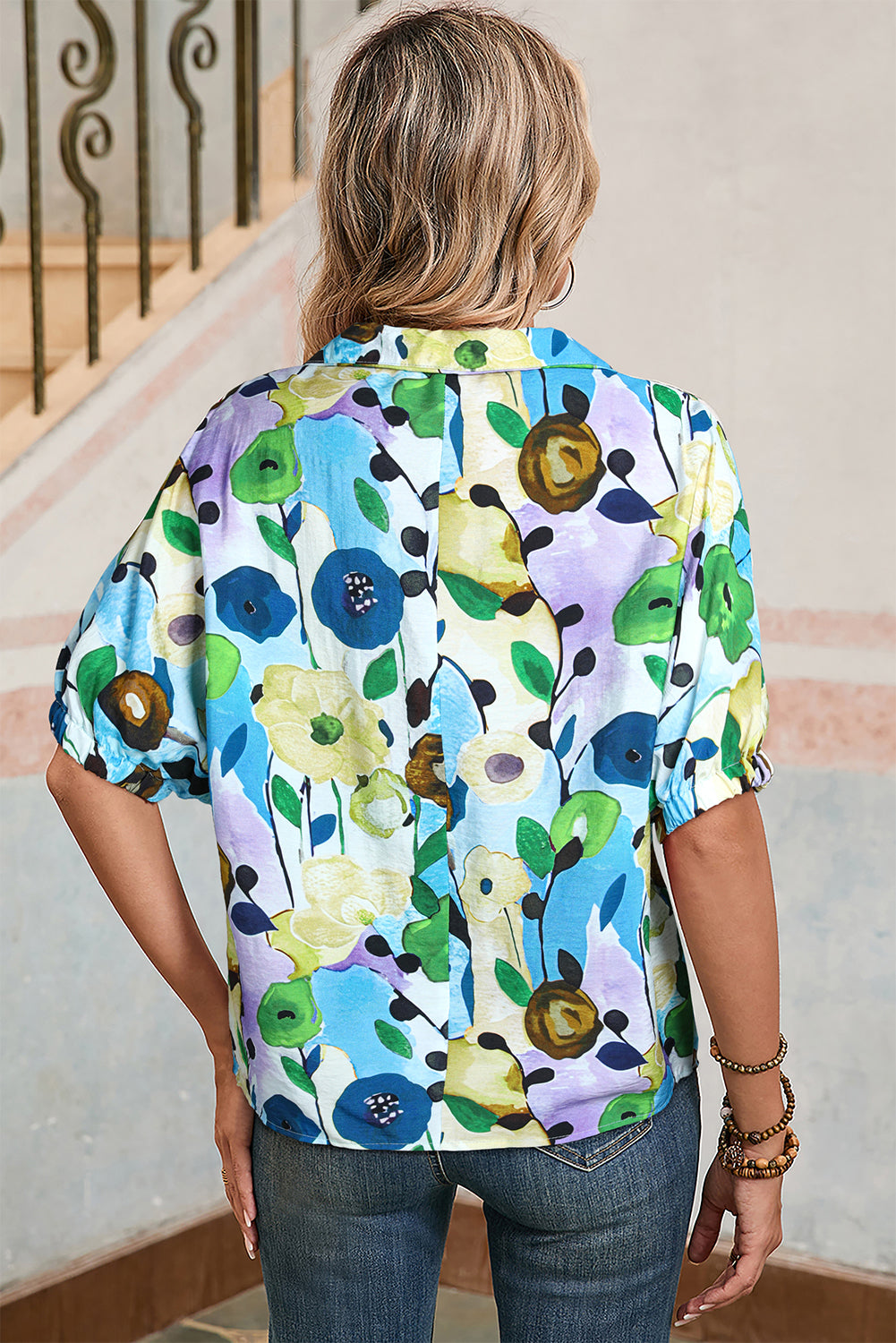 Pink Floral Print Boho Pop of Color Neckline Blouse 8db6456ee975ad87