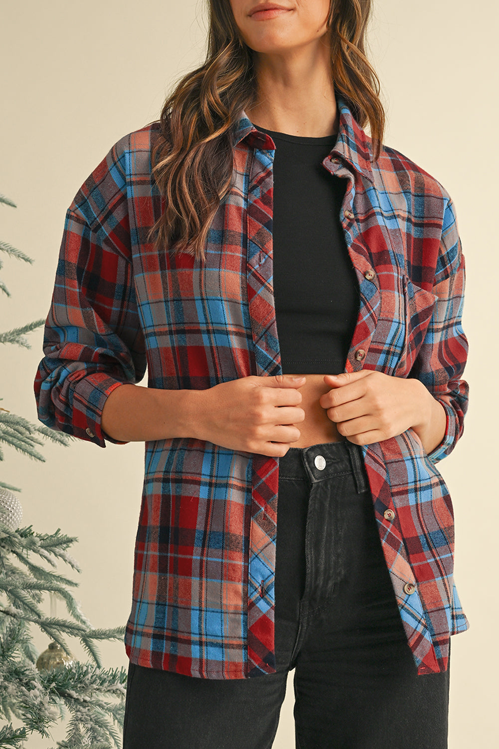 Orange Plaid Print Pocket Loose Shirt Shacket 8dcb146a730a0cca