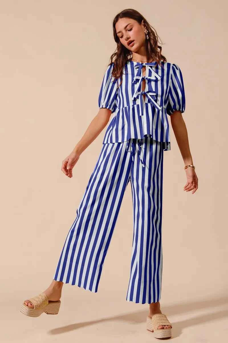 SO ME Front Tie Stripe Puff Sleeves Top and Wide Leg Pants Set ROYAL BLUE 8dd66b3199774983afc0f6e85078e610-Max-Origin