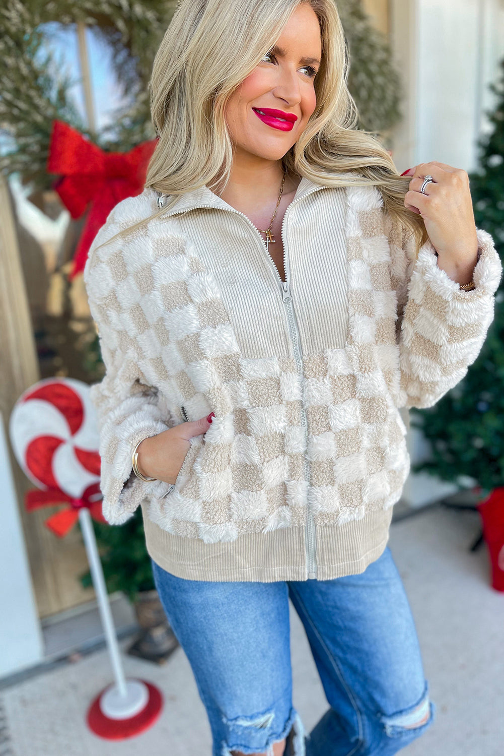 Khaki Checkered Sherpa Corduroy Patchwork Zip-up Collared Jacket 8dd7642e9a4c4ced