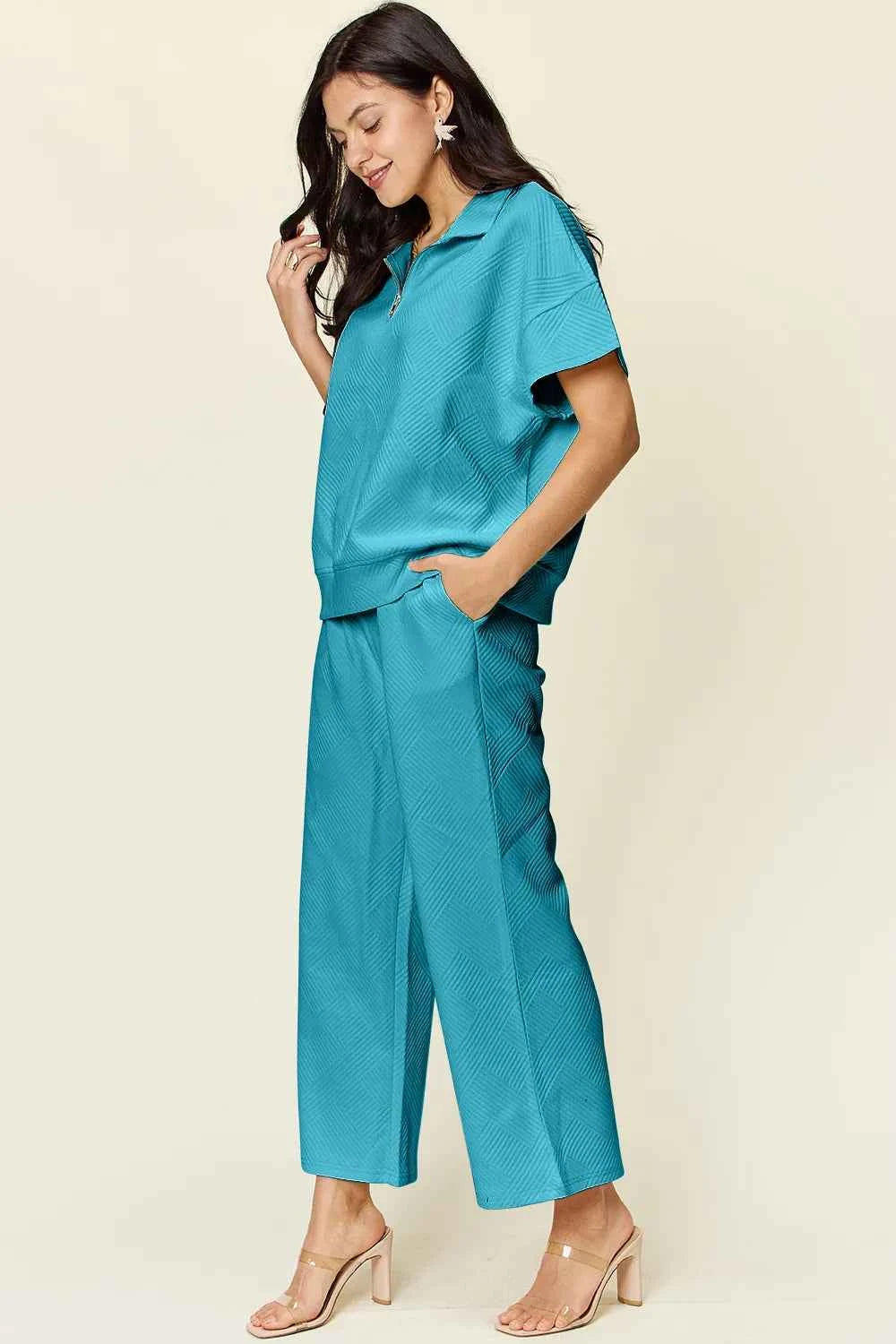 Double Take Full Size Texture Half Zip Short Sleeve Top and Pants Set 8dd89bc7-e9ea-407e-a6d0-0e486bab7bc3-Max