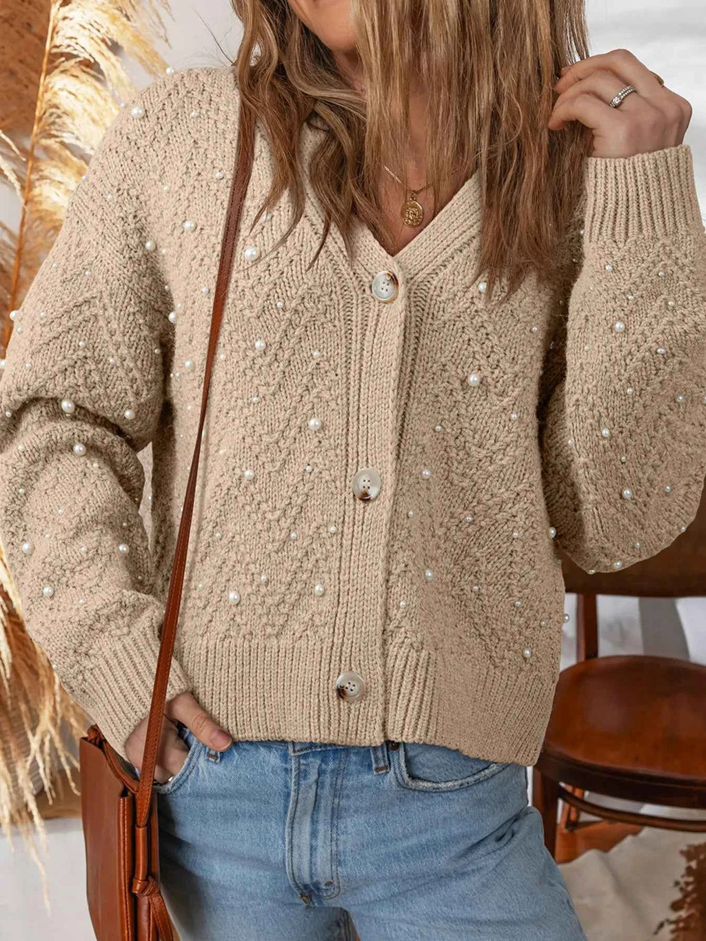 Pearl Embellished Button Front V Neck Sweater Cardigan Khaki 8de48dfc69714a519501e908711f0cea-Max-Origin