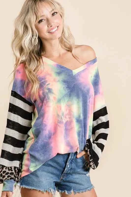 BiBi Tie Dye V Neck Top with Stripe Puff Sleeves 8deb52ee26d74edead3d08f4feaa8f8c-Max-Origin