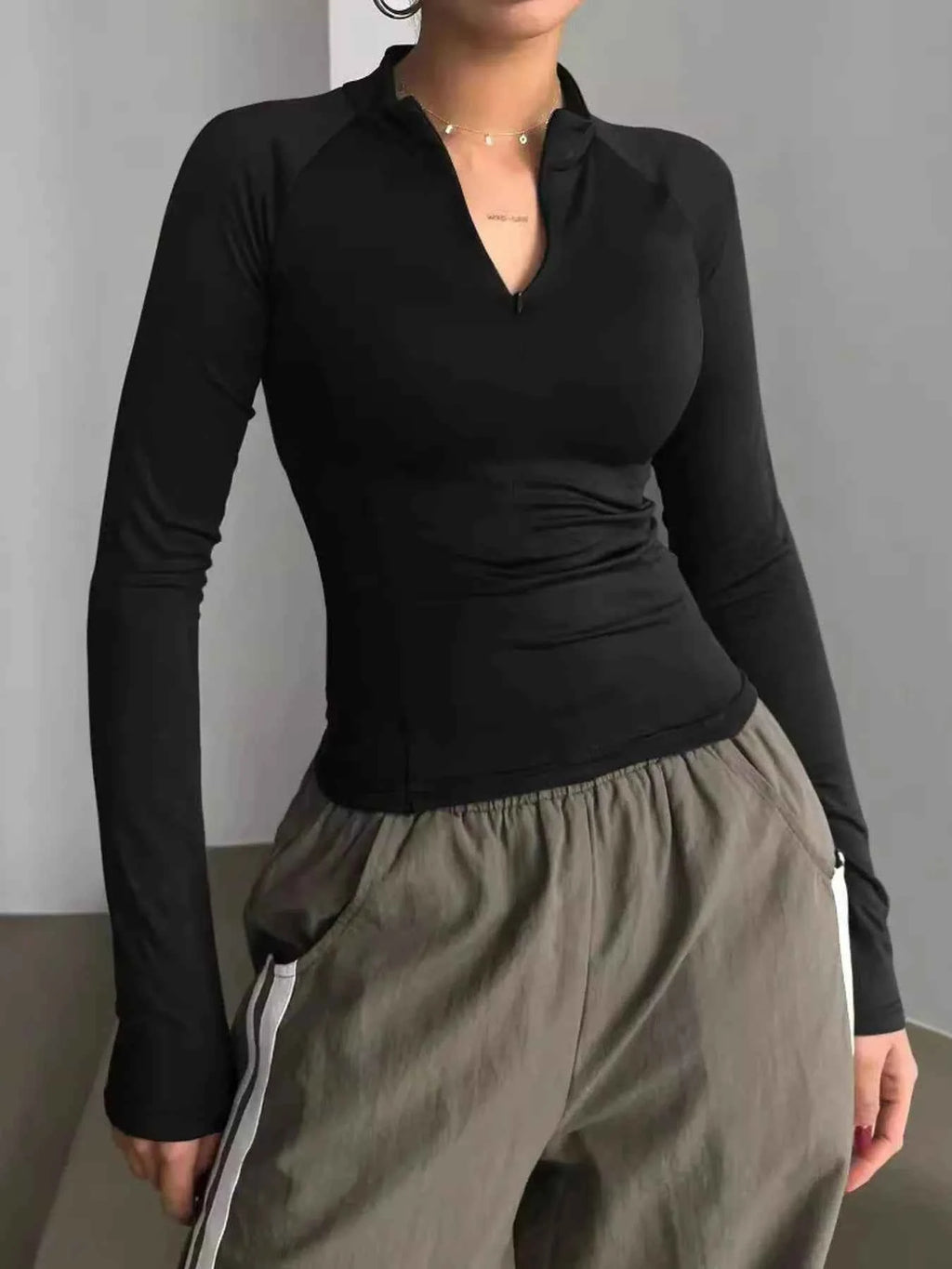 Long Sleeve Zip Front Fitted T-Shirt Black 8df8e5b25de844218bee417cfa53c9c8-Max-Origin