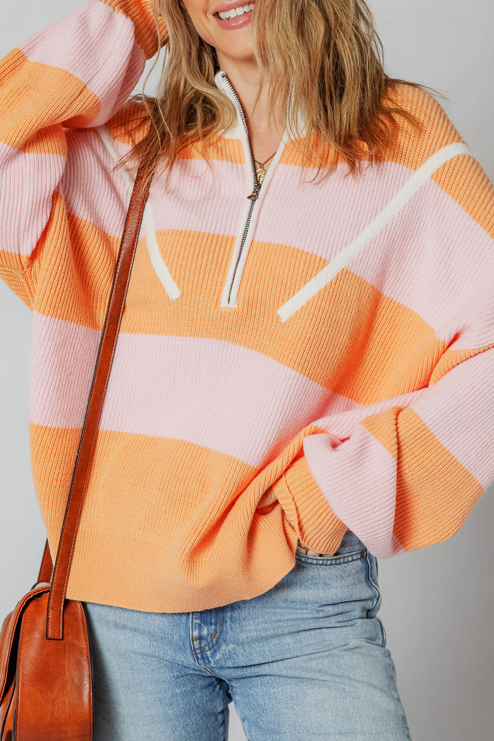 Orange Stripe Half Zip Collar Loose Sweater 8dfa788dee5cd6f0