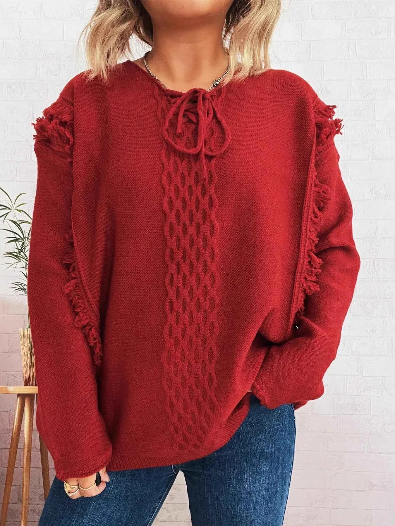 Raw Hem Lace Up Front Sweater Burgundy One Size 8e143d1dbe814248b0b2db980c21d821-Max-Origin