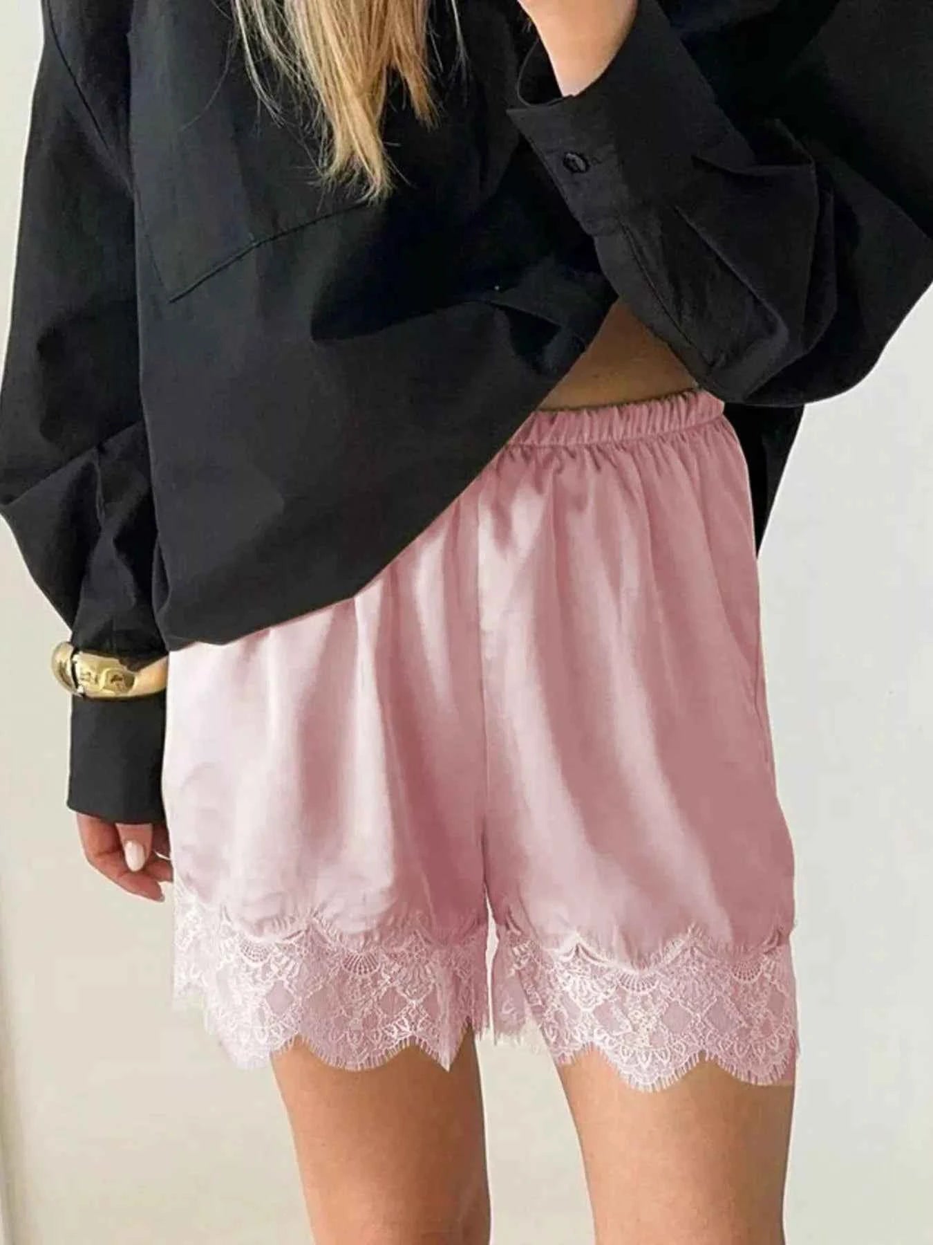 Lace Trim Elastic Waist Shorts Pink 8e1ee748-d809-45b5-9bb1-a1f71fa8df3b-Max-Origin