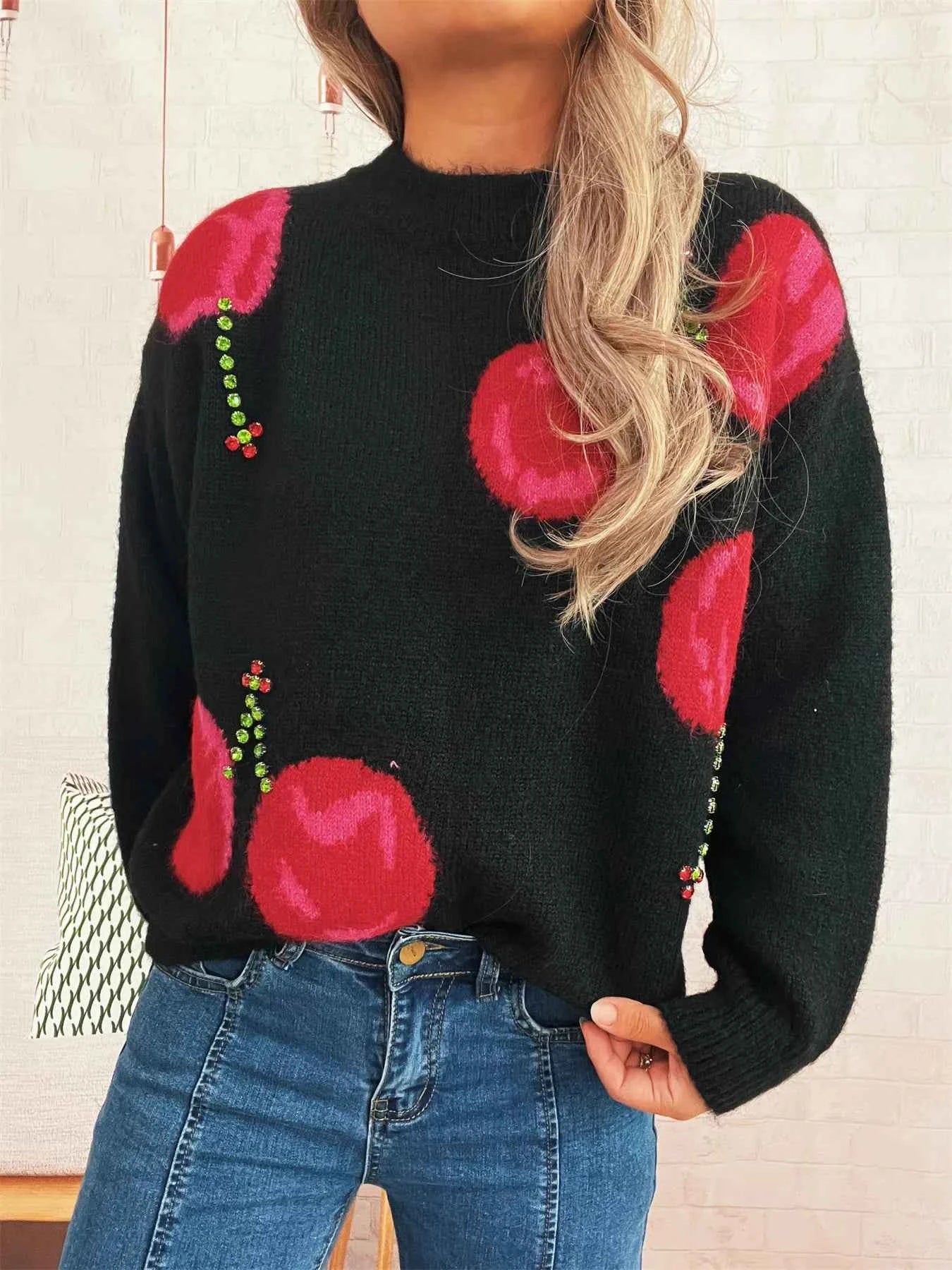 Contrast Cherry Round Neck Sweater Black One Size 8e2d7f9203994111ab14ca86e378e653-Max-Origin