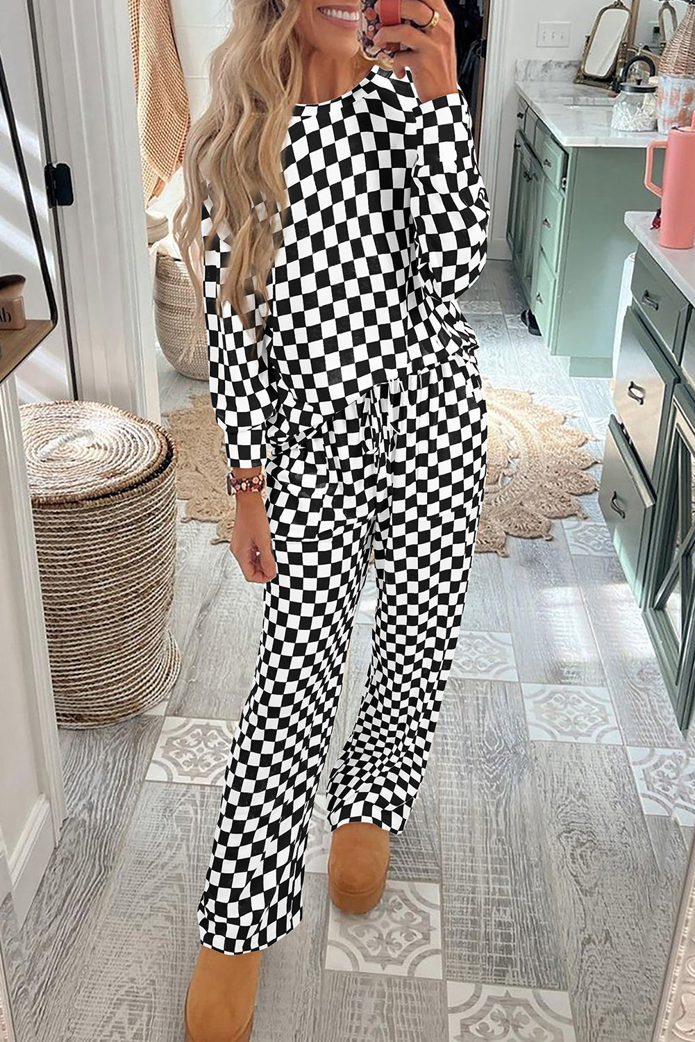 Beige Checkered Print Long Sleeve Loose Fit Pajama Set 8e5034ff67addb41