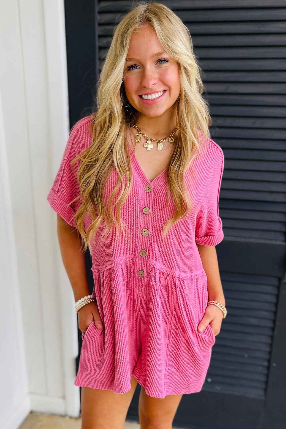Parchment Corded Short Sleeve V Neck Pocketed Romper 8e58f23ea7816488