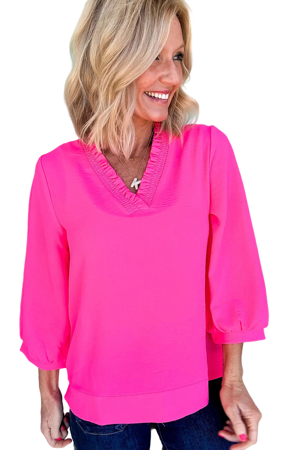 Bright Pink Frill V Neckline Puff Sleeve Crinkled Blouse 8e6889f8b6dfb602