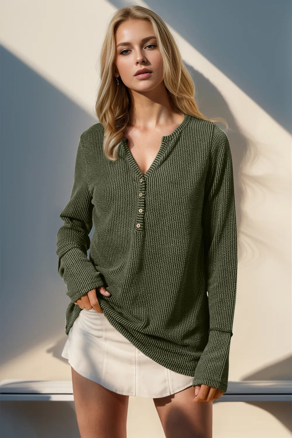 Double Take Full Size Notched Thumbhole Long Sleeve T-Shirt Moss 8e6db282-58e9-458b-a7a6-efa43f7bf088-Max