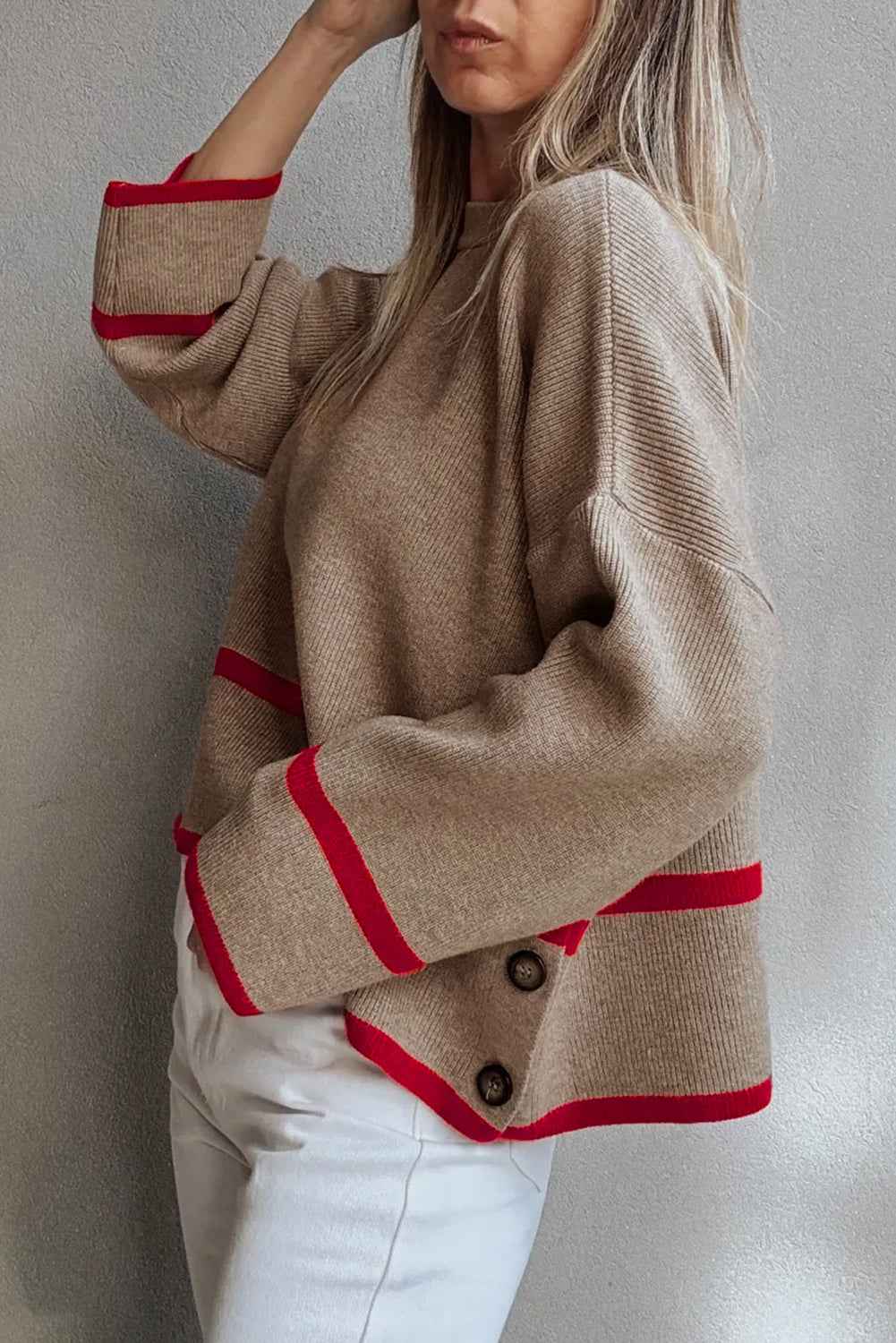 Beige Ribbed Knit Contrasted Stripe Detail Button Side Loose Sweater 8e76b9ee5479dca5
