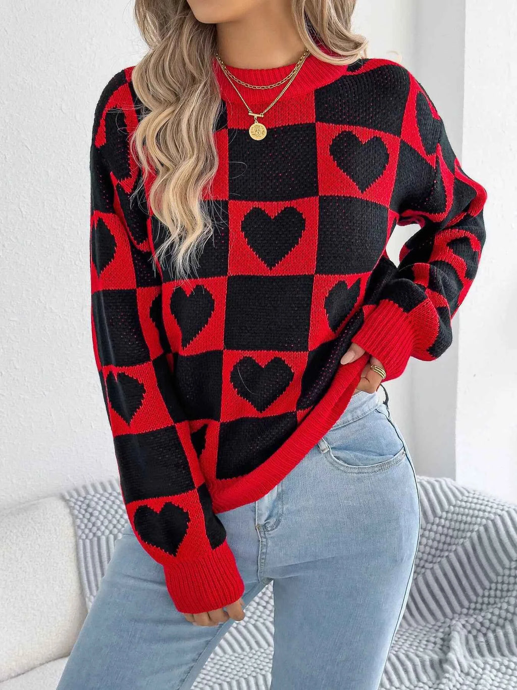 Heart Checkerboard Pattern Round Neck Sweater 8e7bab6809ad4366a82f949546725686-Max-Origin