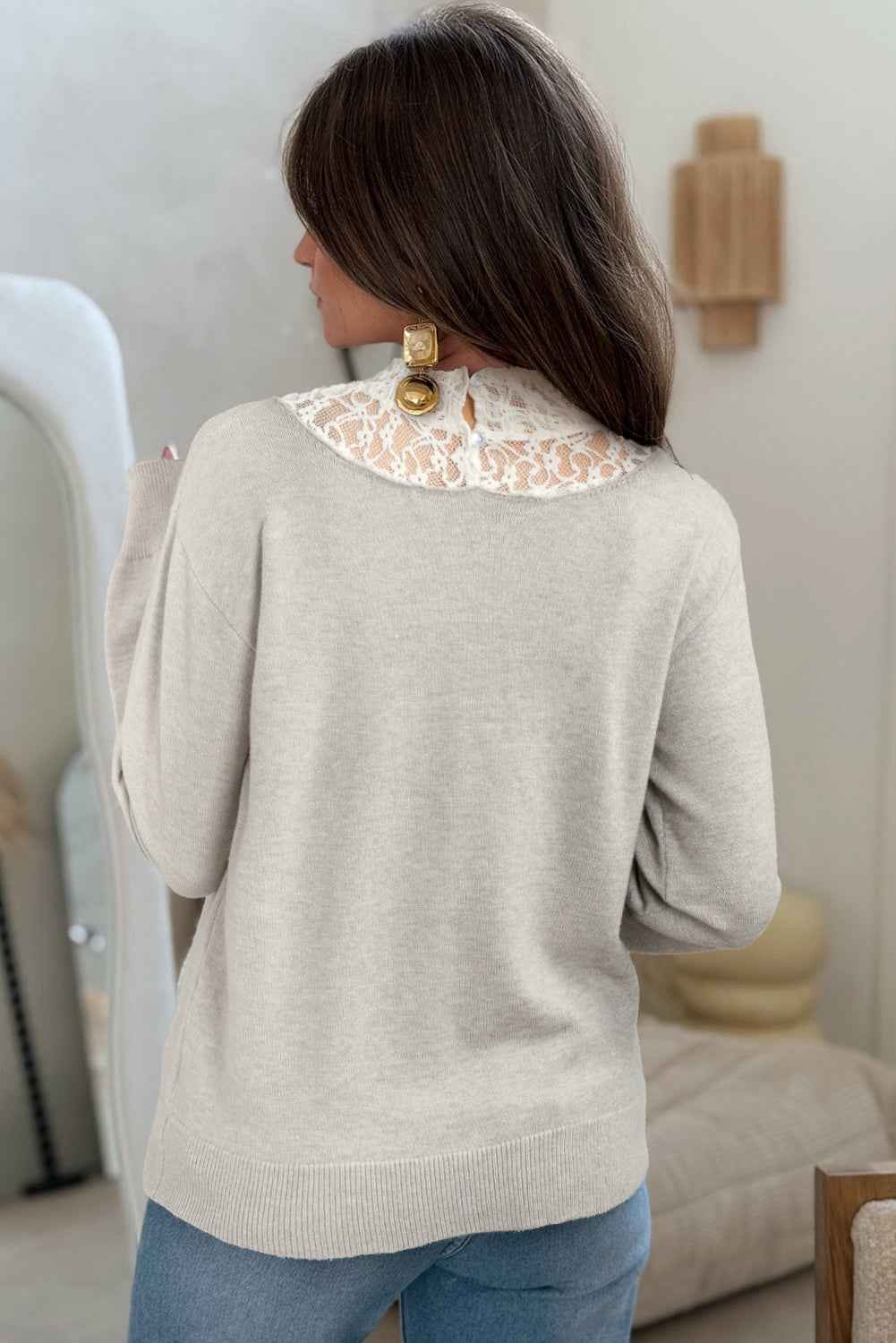 Light Grey Button Keyhole Lace Patchwork Drop Shoulder Sweater 8e7d772e2c66dc88