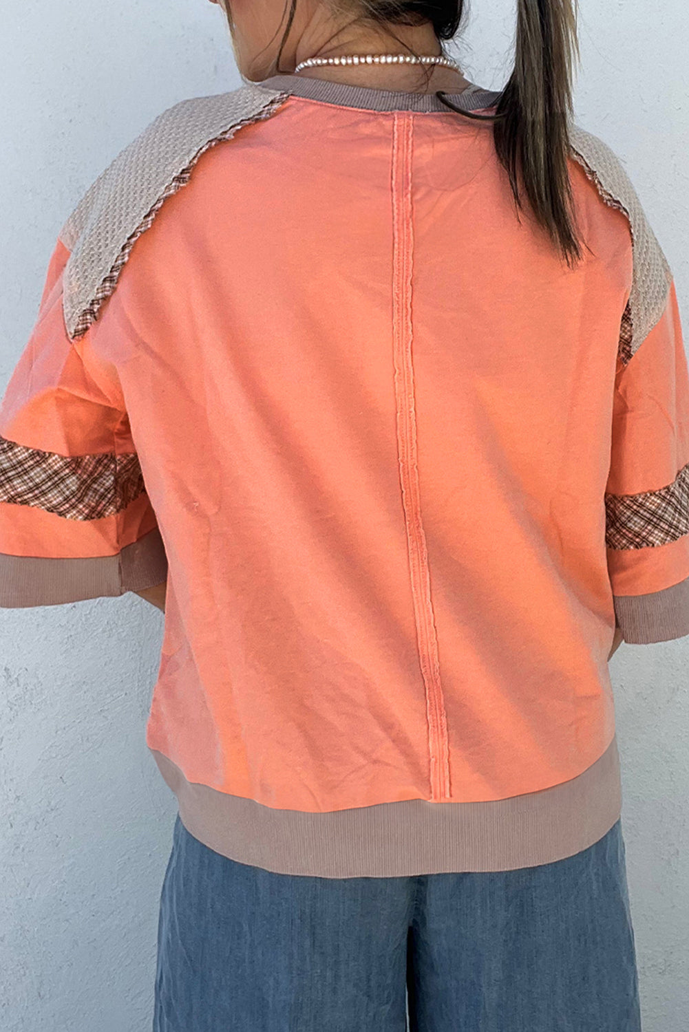 Grapefruit Orange Plaid Waffle Flower Patchwork Bracelet Sleeve Top 8e8b43c23f121df9