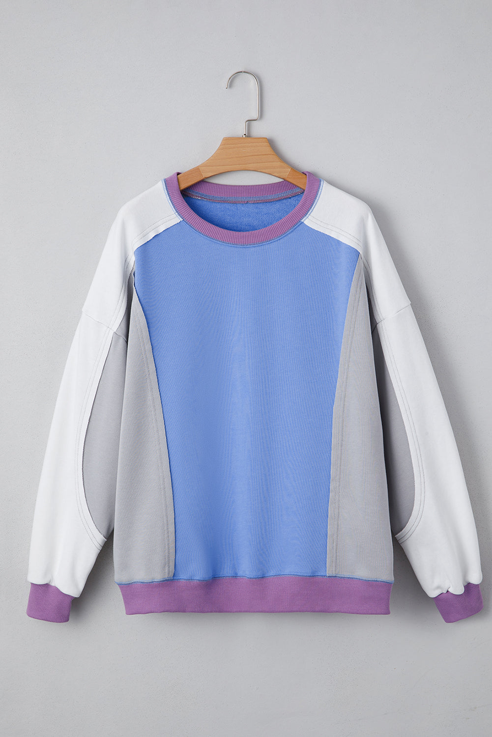 Blue Colorblock Patchwork Round Neck Pullover Sweatshirt 8e8bcae6f68c42ee