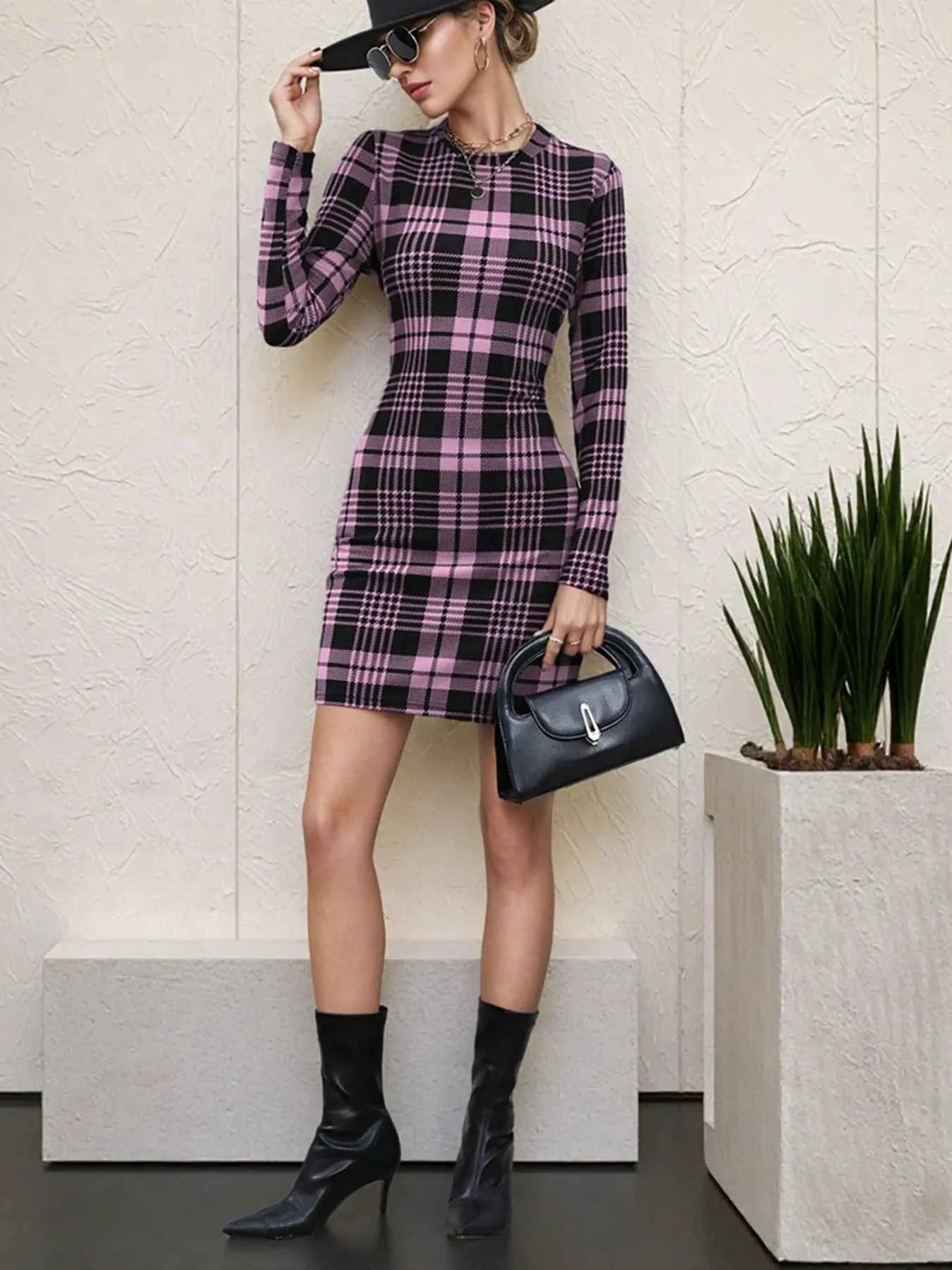 Long Sleeve Plaid Bodycon Mini Dress 8e9a44f43b94499393e2d5638d5945b5-Max-Origin