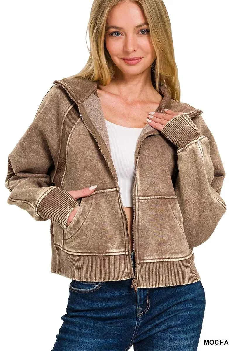 Zenana Acid Wash Zip Up Fleece Jacket MOCHA 8e9b43084dfd4949be563234925f87aa-Max-Origin