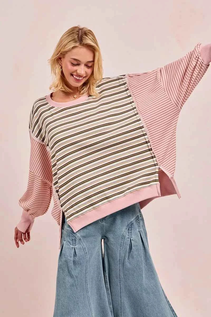 BiBi Stripe Mixed Top With Cut Edge And Reverse Outseam OATMEAL PINK 8eb32fd082fa40ccb5aed98d9fe8aeeb-Max-Origin