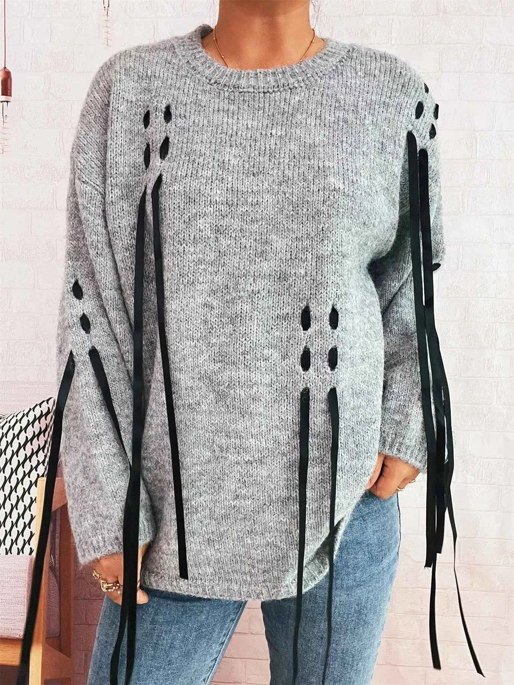 Round Neck Long Sleeve Sweater with Ribbon Details 8eb6d8fde6eb47aea184f0b44c861db9-Max-Origin