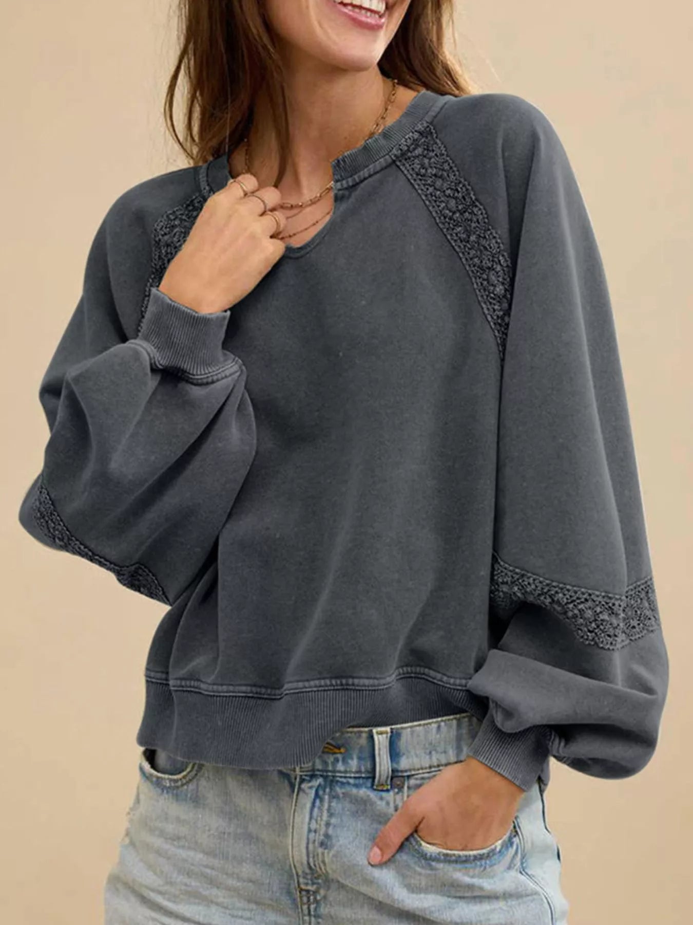 Lace Detail Notched Long Sleeve Sweatshirt Gray 8ec3e5d8-9f24-46bd-8a37-e62e0a434ef6-Max-Origin