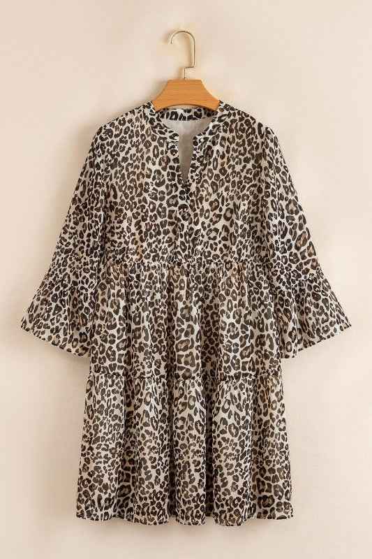 Leopard 3/4 Sleeve V-Neck Dress Khaki 8ed81f30-c1f2-4b8e-8305-efbcc7649e93