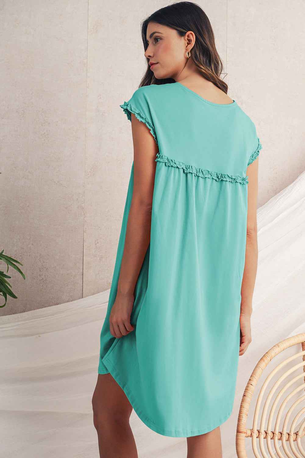 Mint Green Frilled Trim Crewneck Loose Fit Mini Dress Mint Green 8ee0465b43583146