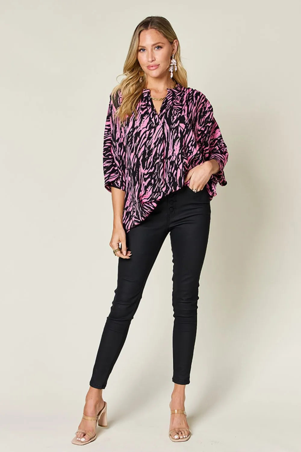 Double Take Full Size Printed Notched Three-Quarter Sleeve Blouse 8ef7a2aa-ebf3-44a9-8002-80fed7898f80-Max