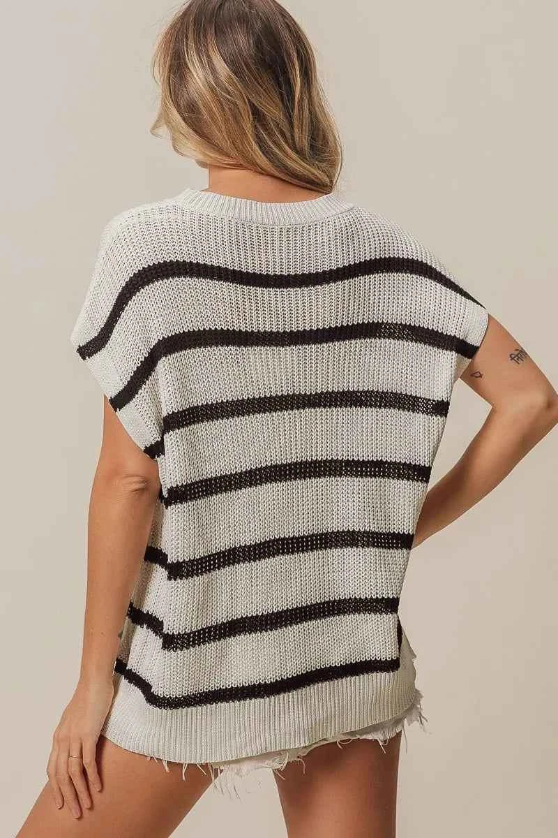 BiBi Vacay Mode Lettering Drop Shoulder Striped Sweater 8f00647687e44411b29dcc11aef3635a-Max-Origin