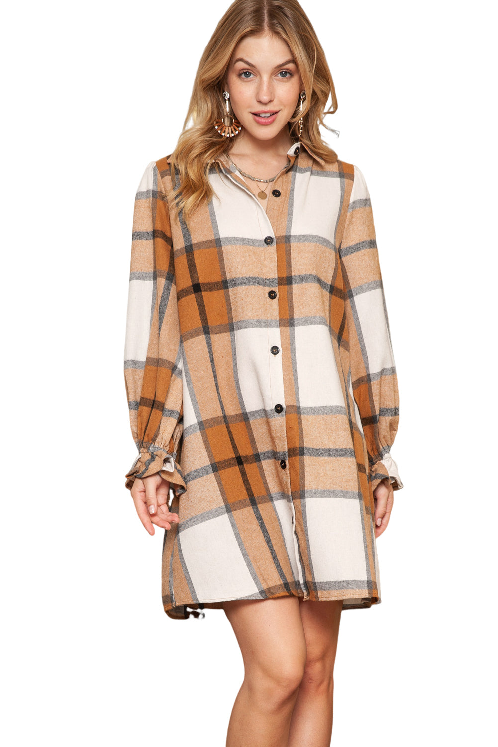 Khaki Plaid Pattern Collared Neck Ruffled Sleeve Shirt Dress Khaki 65%Polyester+35%Cotton 8f0963cd0f7d9b78