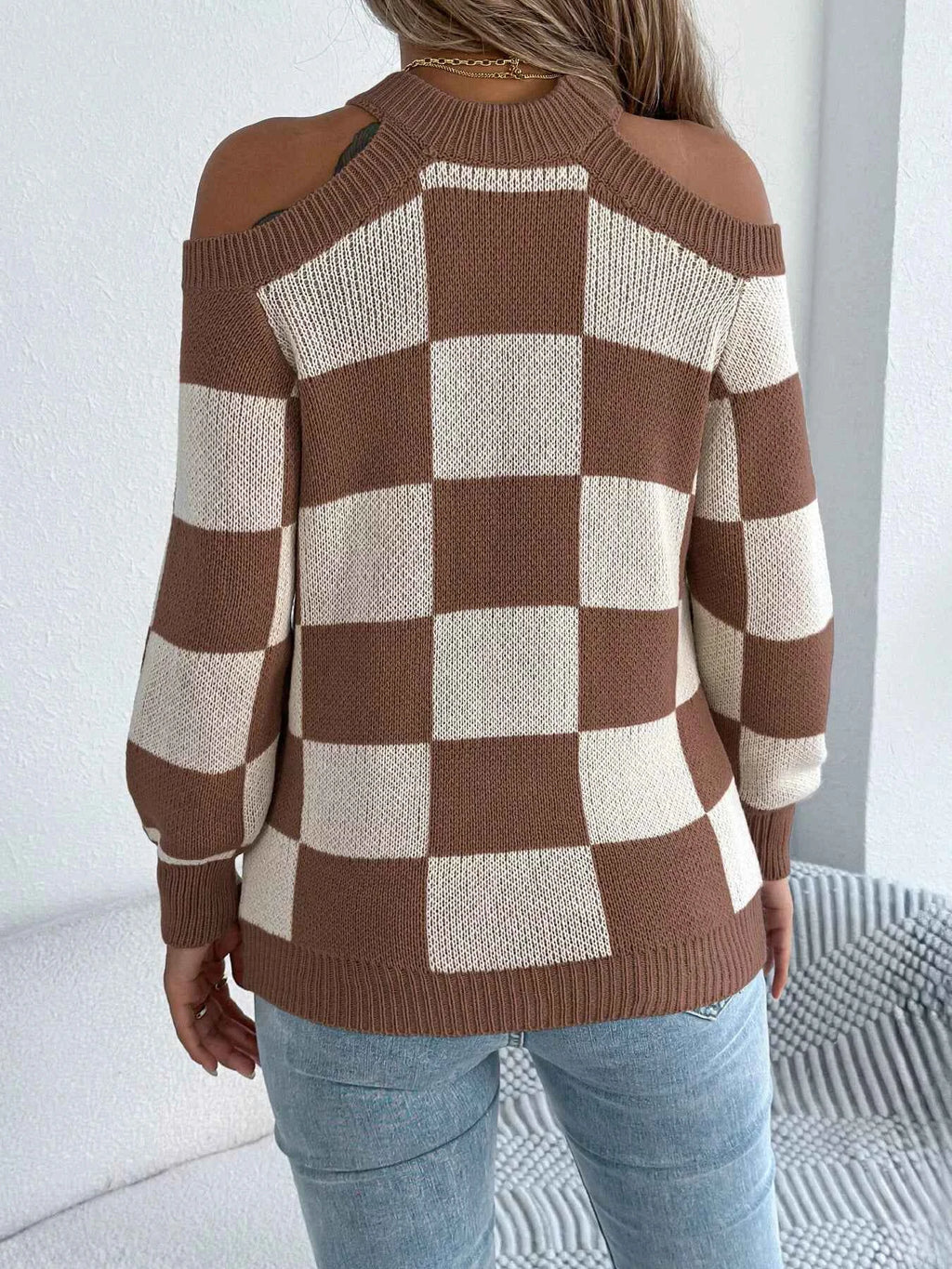 Cold Shoulder Checkered Long Sleeve Sweater 8f0eee17416742c8af0dcaf136eb0d40-Max-Origin